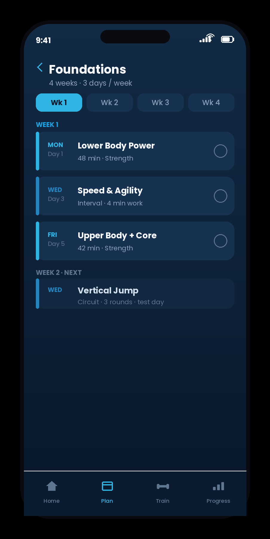 The G-FIT app training calendar showing scheduled sessions