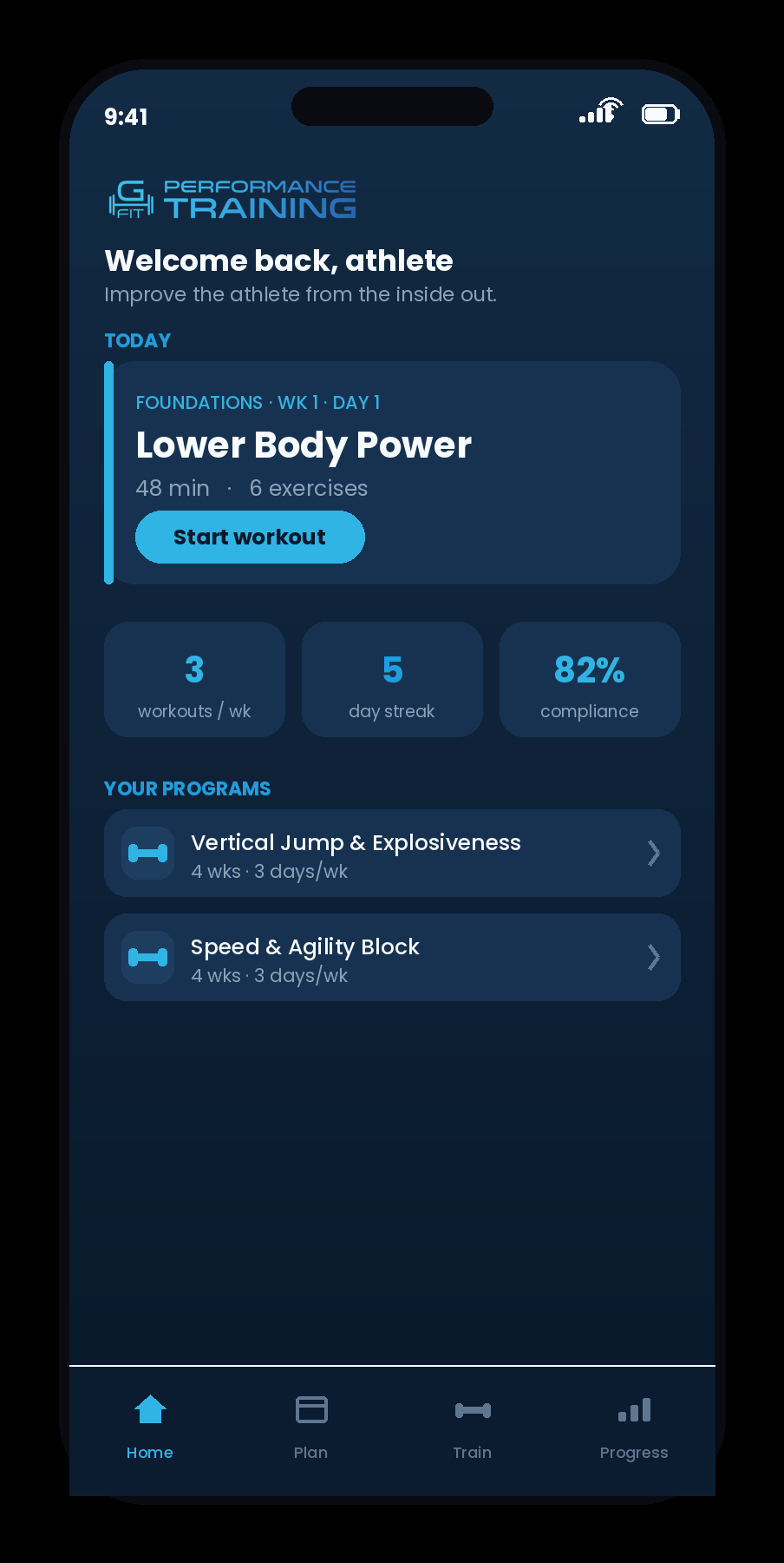 The G-FIT app home screen in the Trainerize app showing the athlete's training dashboard