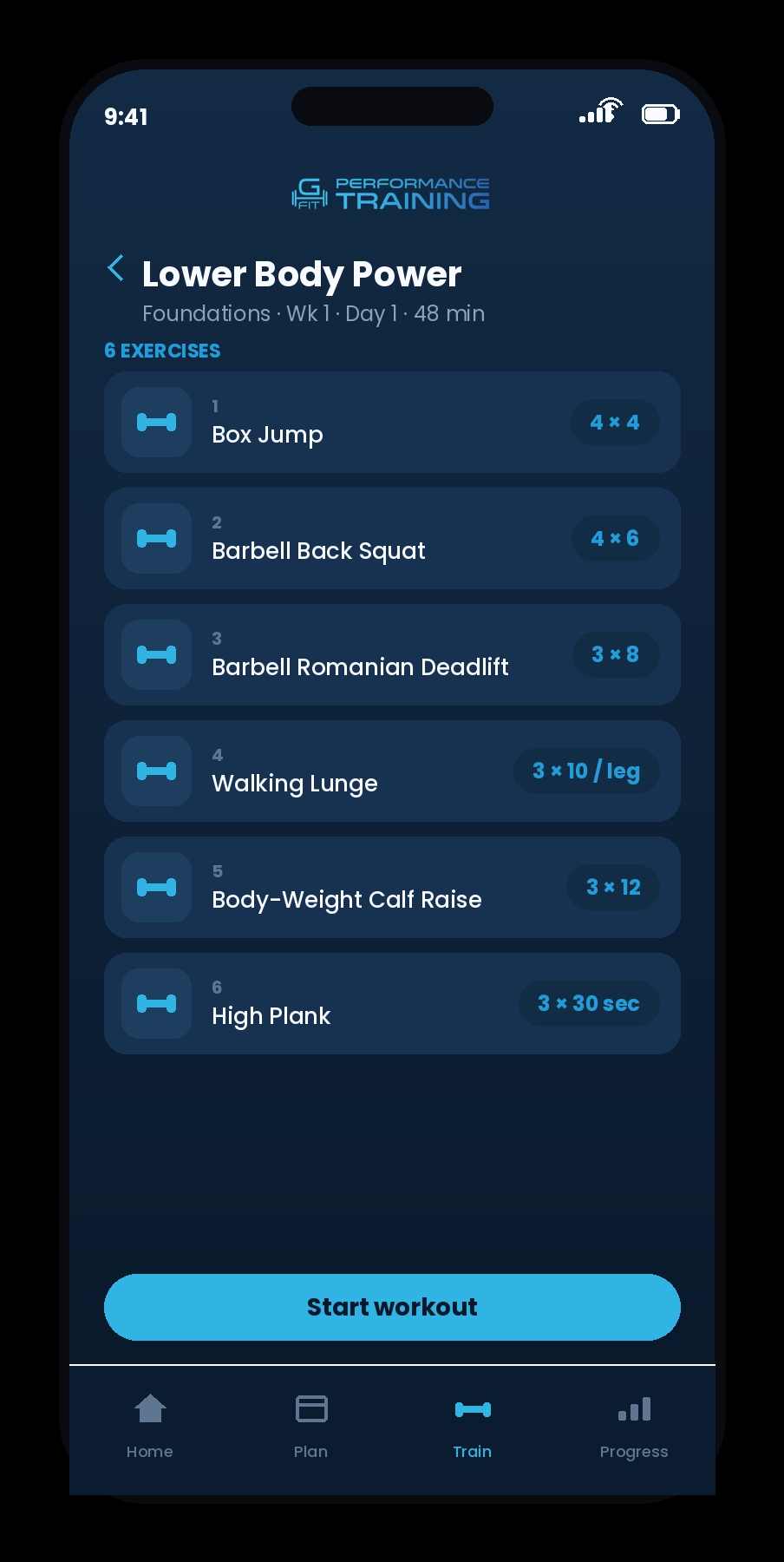 The G-FIT app workout screen showing the day's exercises, sets and reps